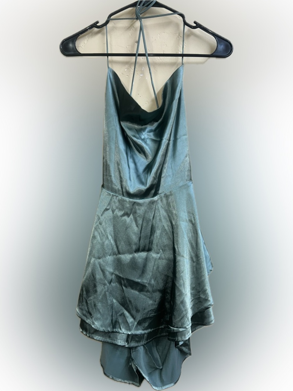 🔥5/$35🔥 Emerald Green Satin Lace Up Mini Dress Romper | Size M/L - Picture 8 of 13